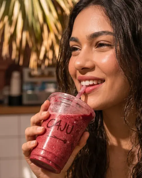 Mulher sorrindo com um copo de açaí da Caju