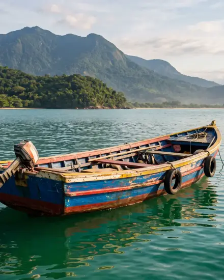 Barco caiçara no mar verde