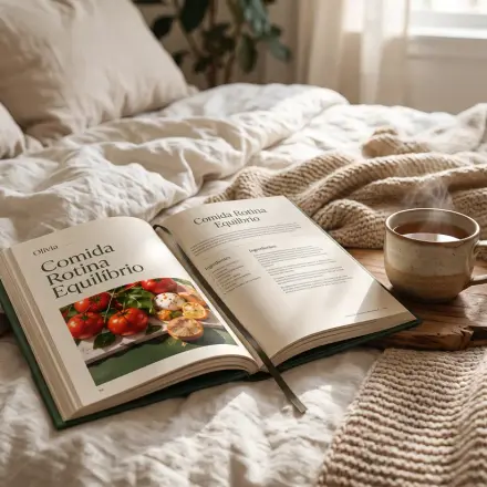 Livro aberto com chá na cama